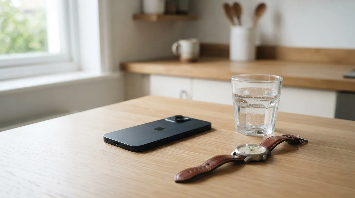 Ein Smartphone liegt mit dem Display nach unten auf einem Küchentisch, daneben stehen ein Glas Wasser und eine Armbanduhr.