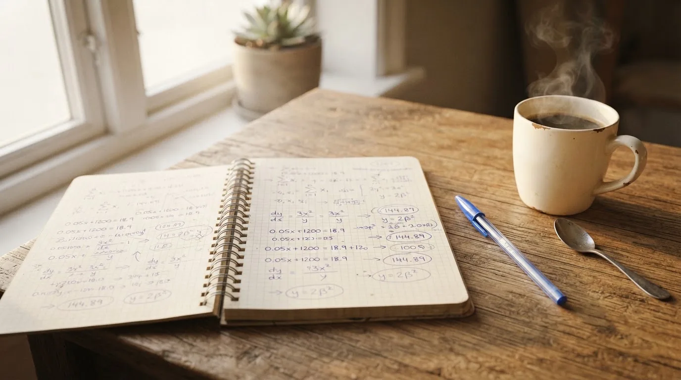 Ein Notizbuch mit handschriftlichen Rechnungen und ein Taschenrechner liegen auf einem Schreibtisch neben einer Tasse Kaffee im Licht des frühen Morgens.