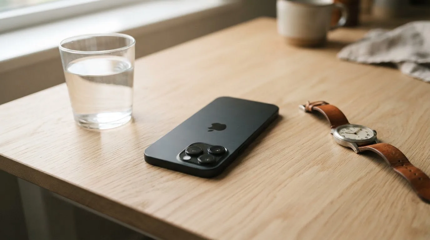 Ein Smartphone liegt mit dem Display nach unten auf einem Küchentisch, daneben stehen ein Glas Wasser und eine Armbanduhr.