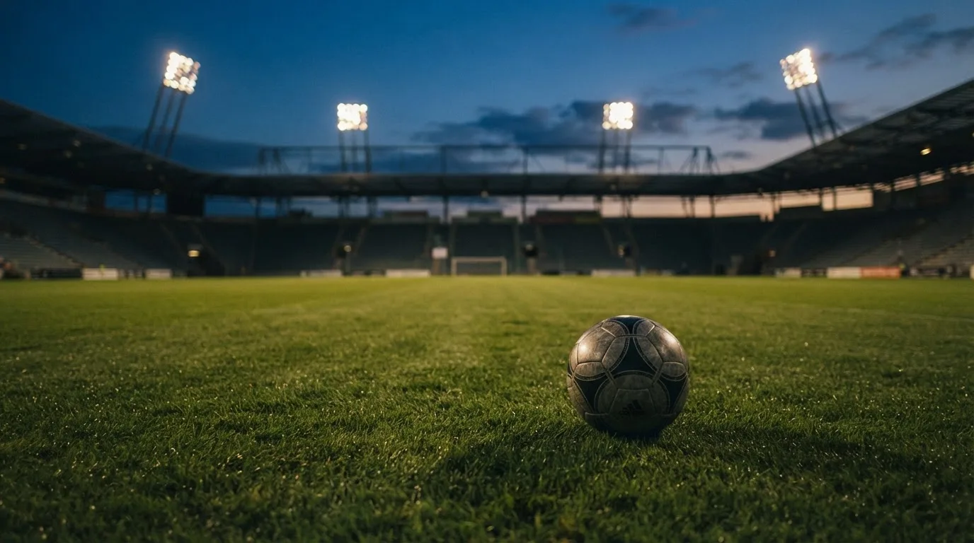 Ein Fußball liegt auf dem Rasen eines leeren Platzes, im Hintergrund ein Stadion unter Flutlicht in der Abenddämmerung.