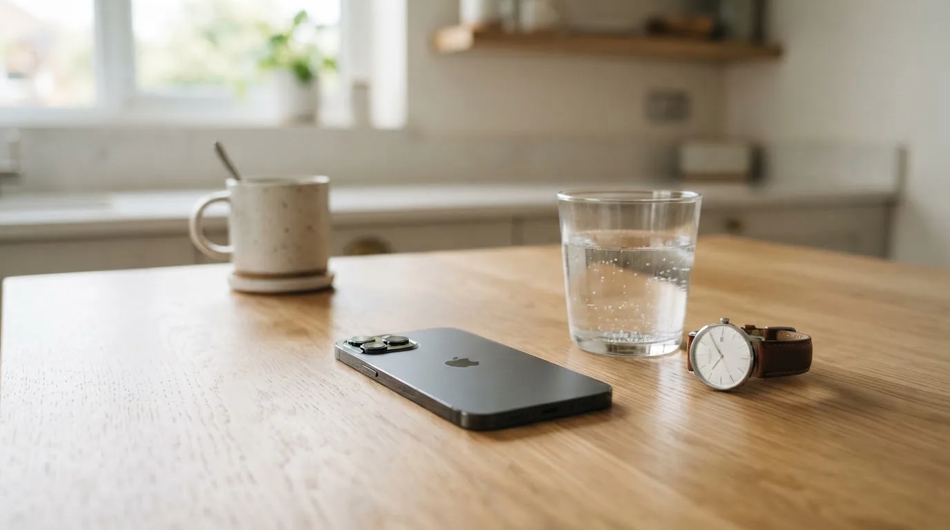 Ein Smartphone liegt mit dem Display nach unten auf einem Küchentisch, daneben stehen ein Glas Wasser und eine Armbanduhr.