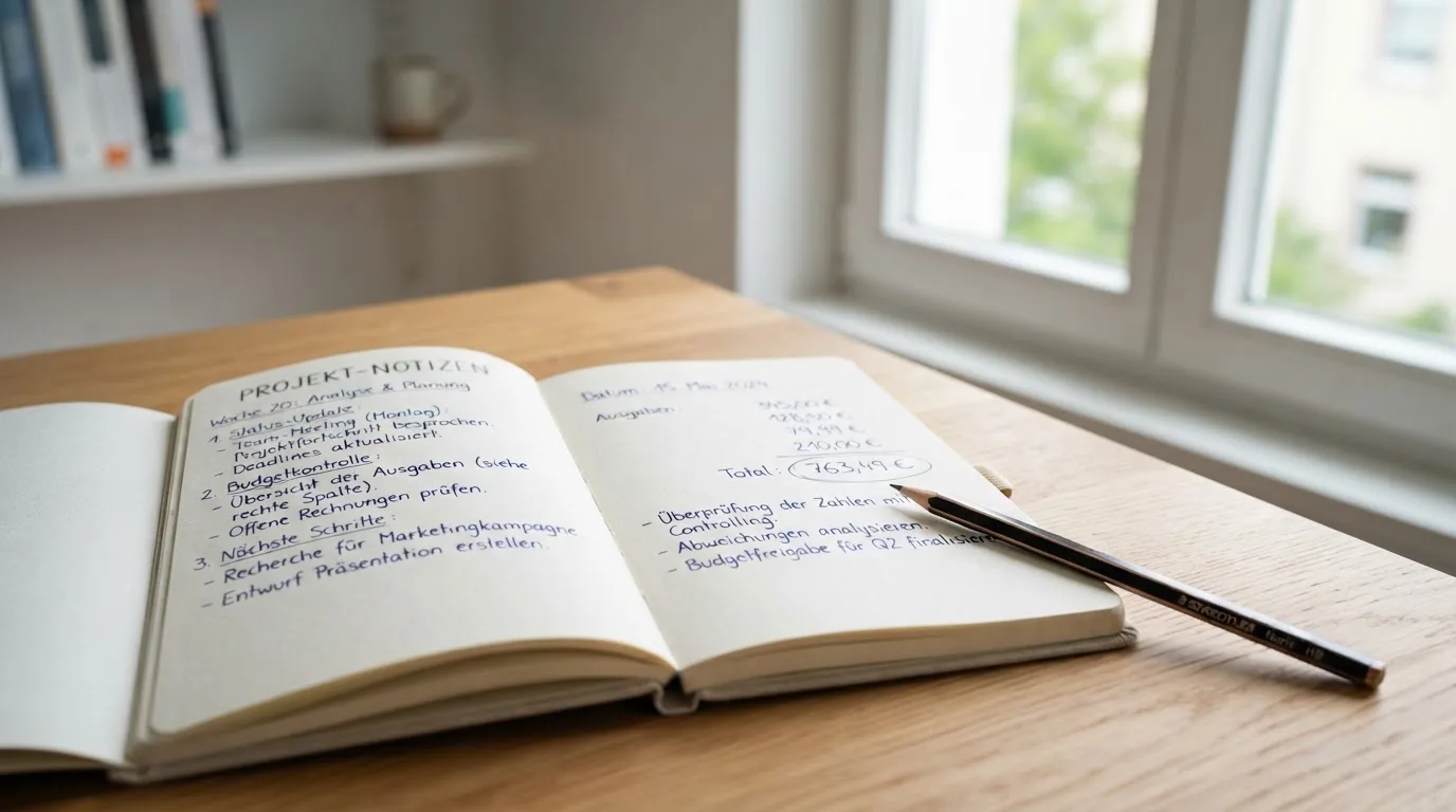 Ein Notizbuch mit handschriftlichen Notizen und ein Bleistift liegen auf einem Schreibtisch am Fenster, draußen fällt Morgenlicht herein.