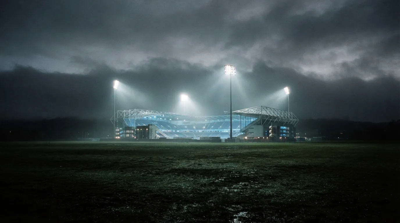 Ein Stadion unter Flutlicht, aus großer Entfernung über eine dunkle Wiese fotografiert, am Himmel zieht Nebel auf.