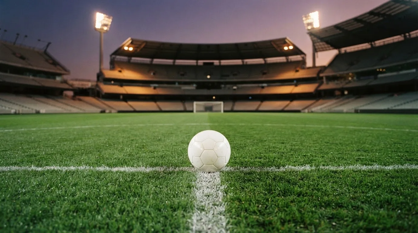 Ein Fußball liegt auf dem Anstoßpunkt eines leeren Rasenplatzes, im Hintergrund steht ein Stadion unter Flutlicht in der Dämmerung.
