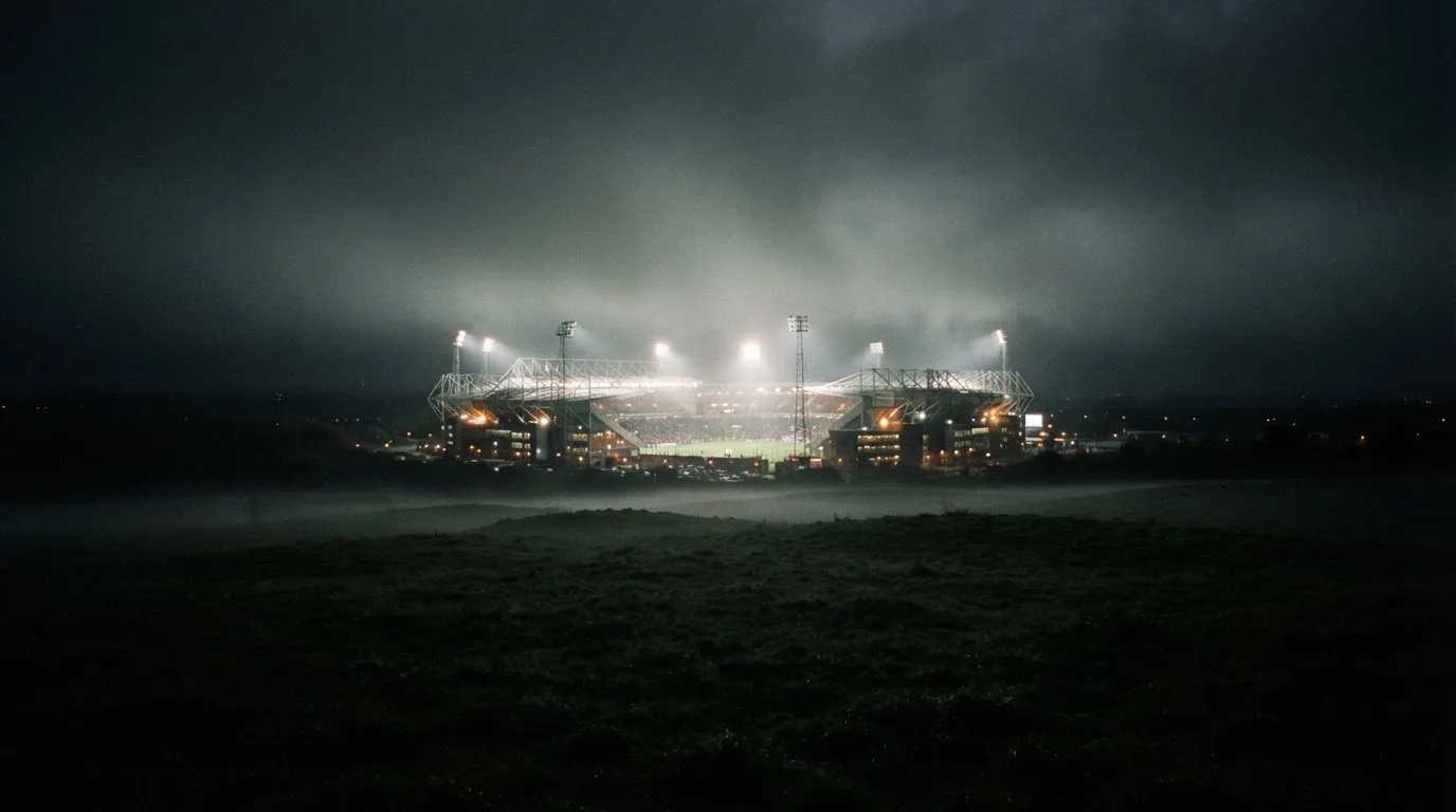Ein Stadion unter Flutlicht, aus großer Entfernung über eine dunkle Wiese fotografiert, am Himmel zieht Nebel auf.