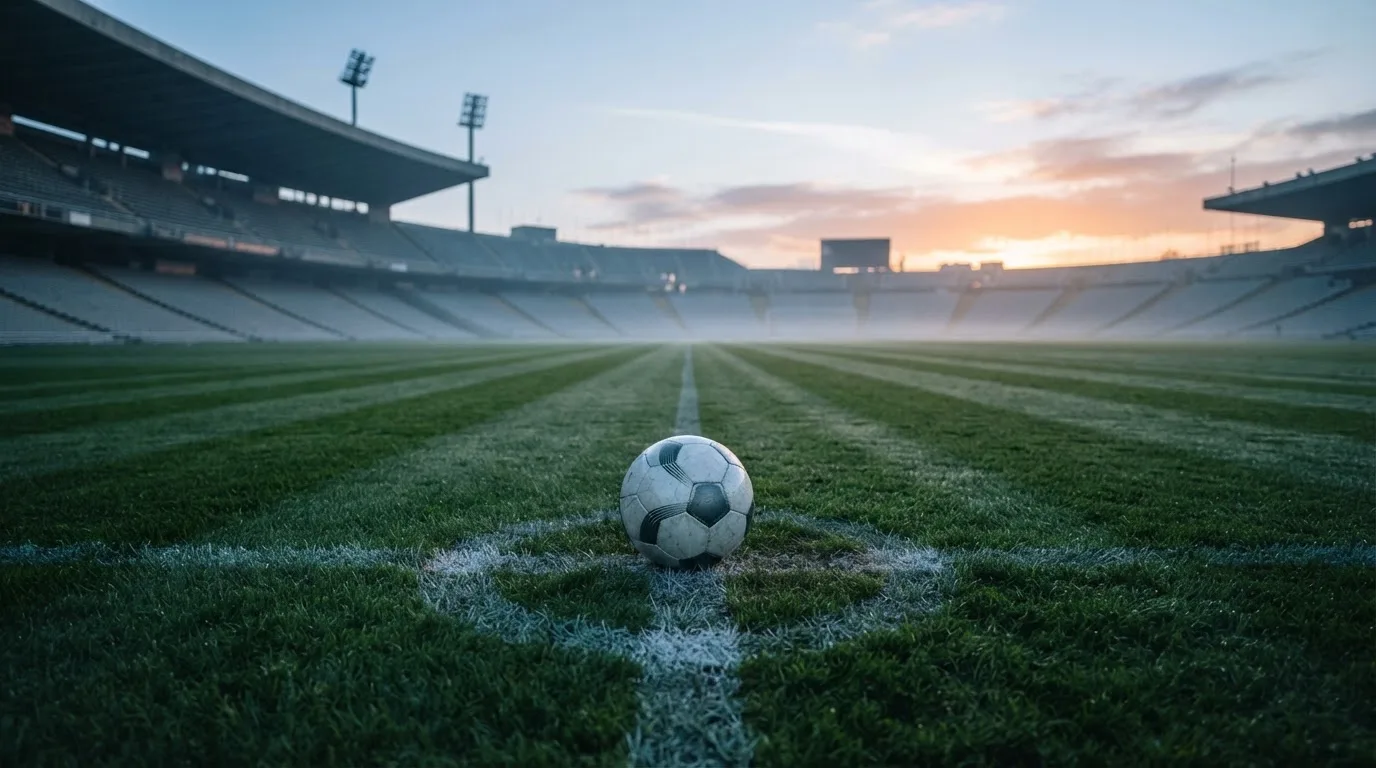Ein Fußball liegt auf dem Anstoßpunkt eines leeren Rasenplatzes in der Morgendämmerung, im Hintergrund eine leere Tribüne.