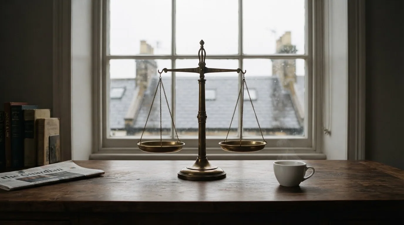 Eine Messingwaage steht auf einem dunklen Holzschreibtisch neben einer Kaffeetasse, im Hintergrund ein Fenster mit Blick auf Dächer.