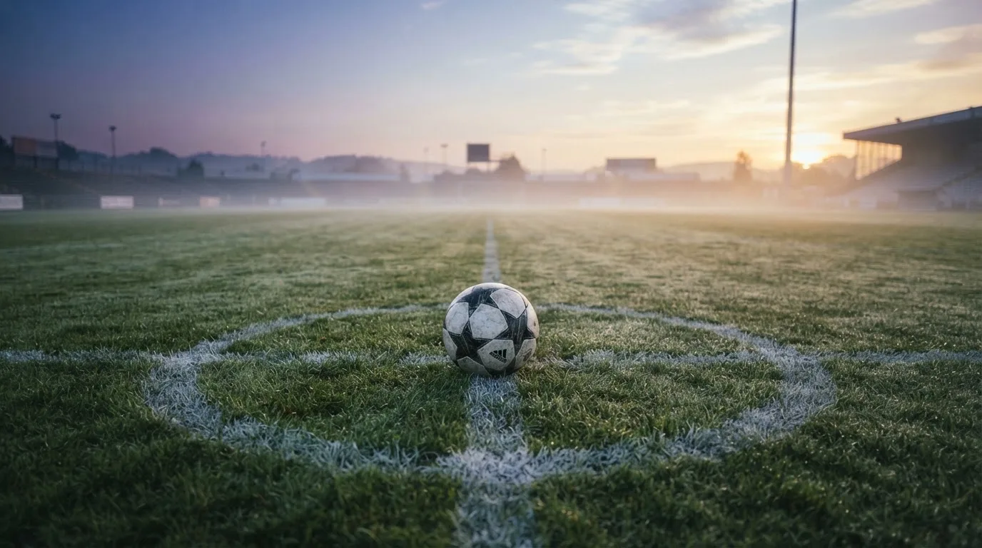 Ein Fußball ruht auf dem Mittelkreis eines leeren Rasenplatzes in der Morgendämmerung, Tau liegt auf dem Gras.