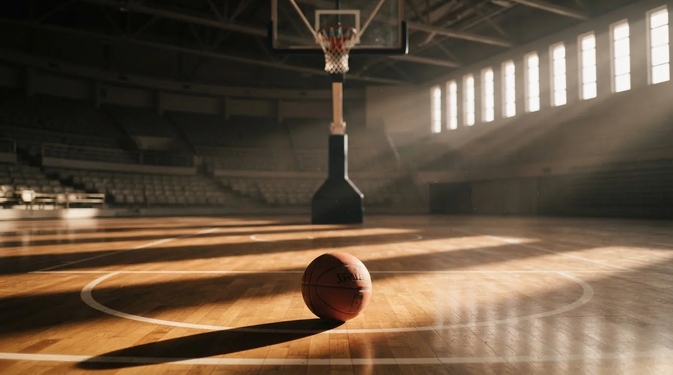 Ein Basketball liegt auf dem Hallenboden unter einem Korb, das Netz hängt ruhig, Morgenlicht fällt durch hohe Fenster.