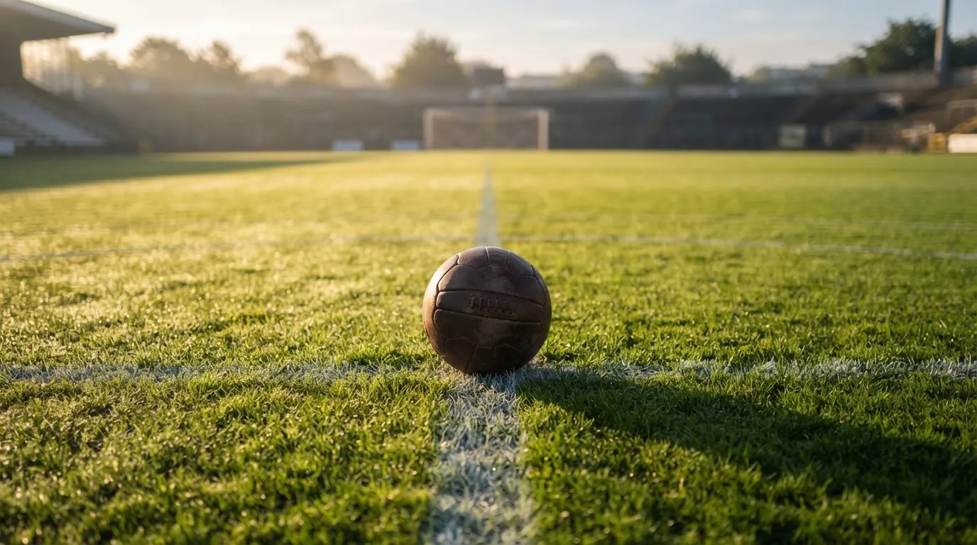 Ein Fußball liegt auf dem Anstoßkreis eines leeren Rasenplatzes im Licht der Morgensonne.