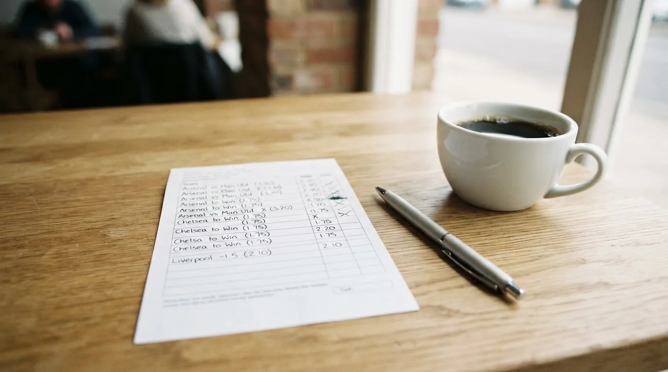 Ein leerer Wettschein aus Papier liegt neben einem Kugelschreiber und einer Tasse auf einem hellen Holztisch.
