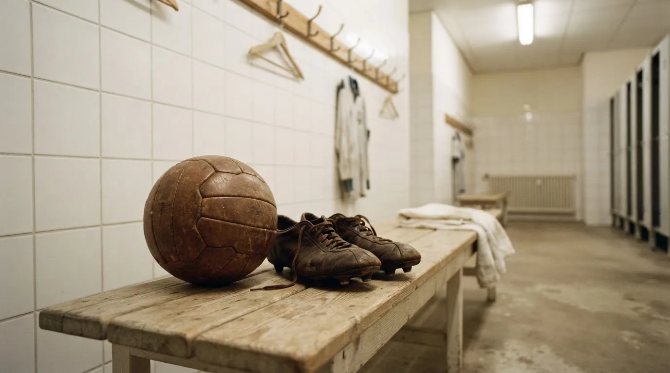 Ein Fußball liegt neben einem Paar Fußballschuhen ohne Markenzeichen auf einer Holzbank in einer leeren Umkleide.