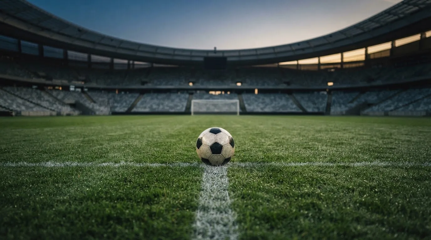 Ein Fußball liegt auf dem Anstoßpunkt eines leeren Rasenplatzes in der Morgendämmerung, im Hintergrund eine leere Tribüne.