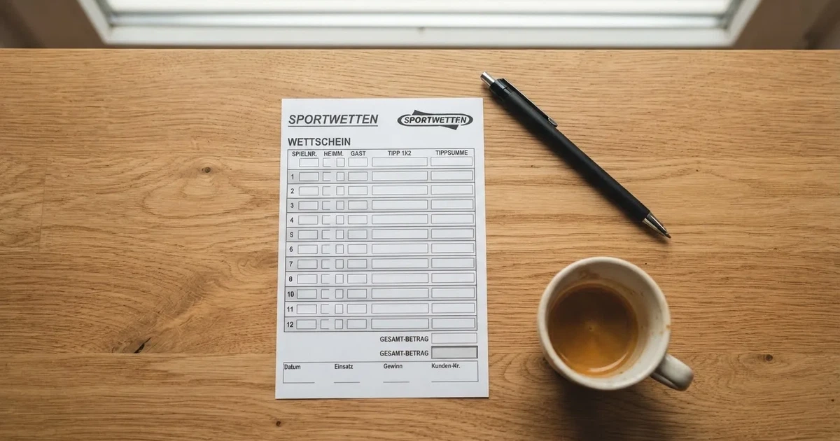 Ein leerer Wettschein aus Papier liegt neben einem Kugelschreiber und einer Tasse Kaffee auf einem Tisch, Aufnahme von oben.