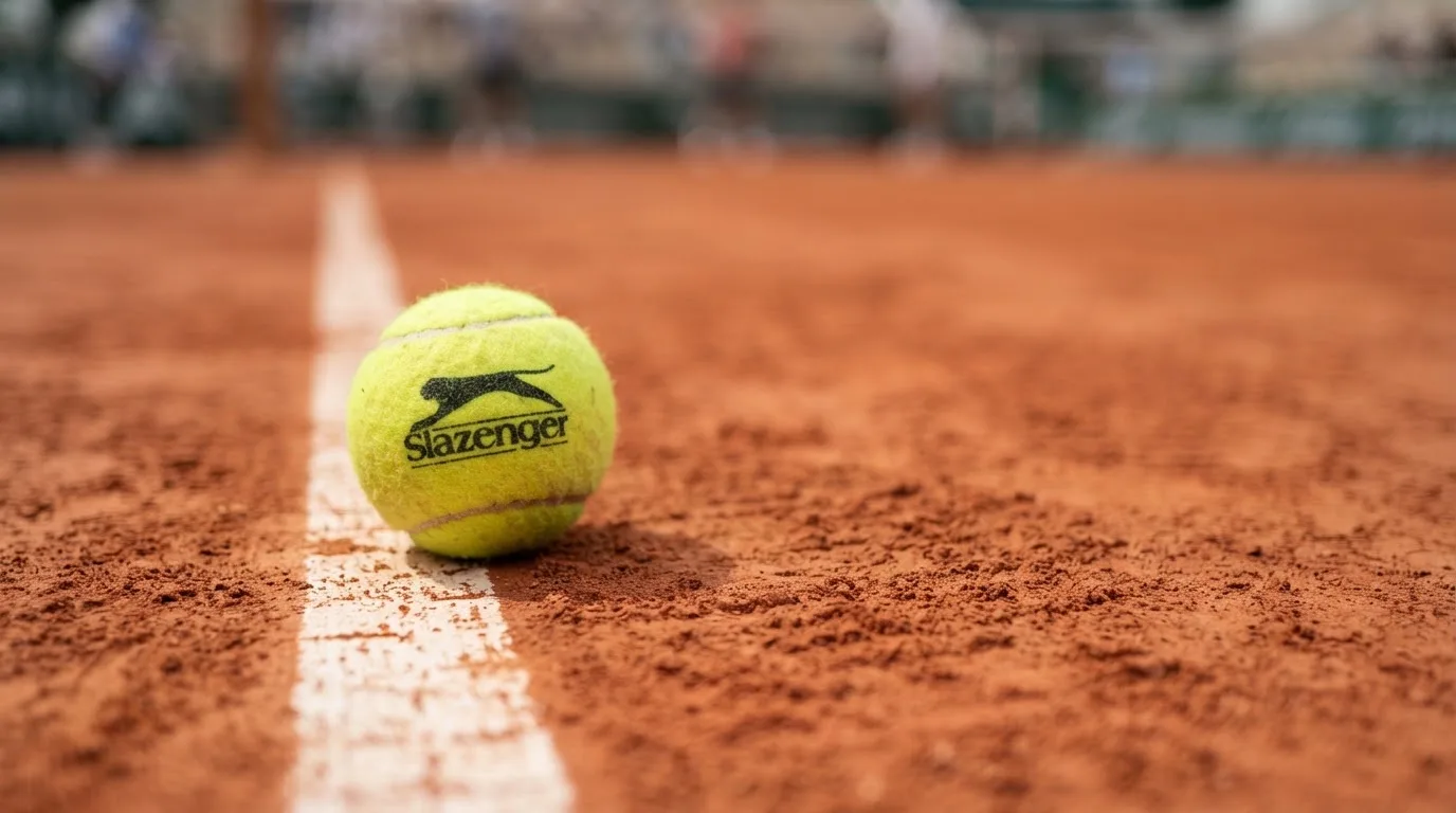 Ein einzelner Tennisball liegt auf rotem Sand neben einer weißen Linie, geringe Schärfentiefe.
