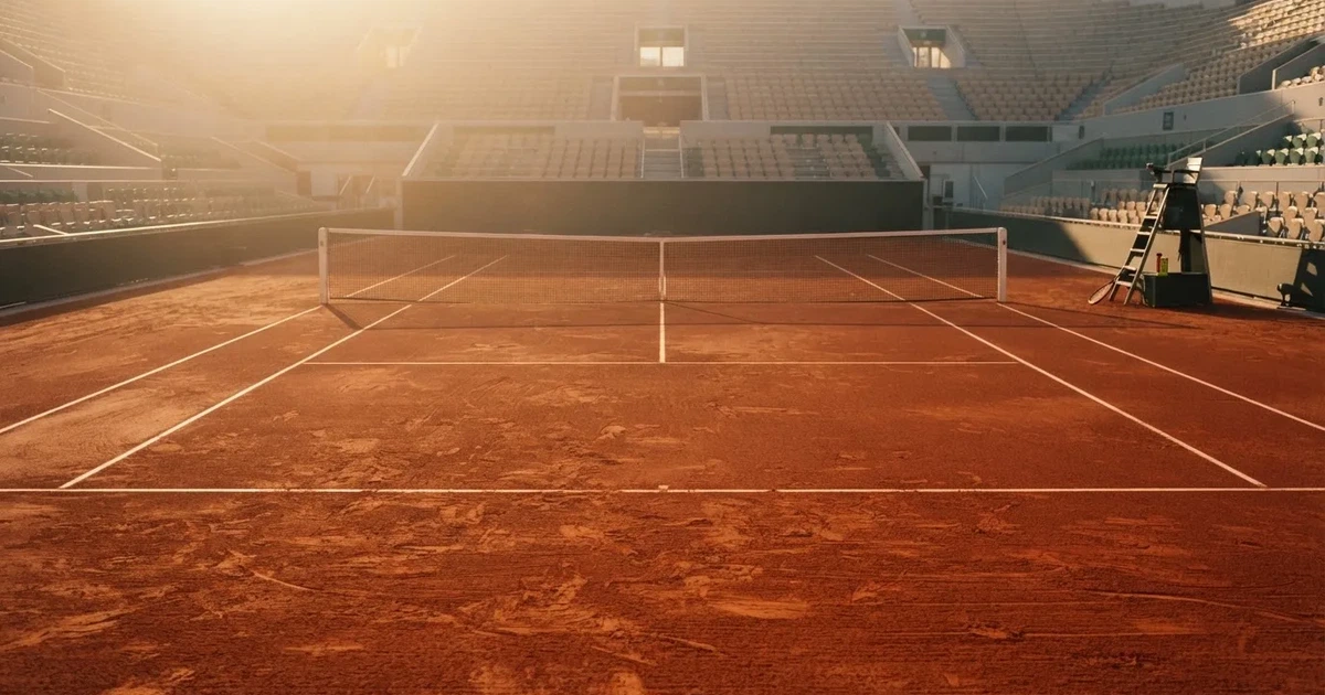 Ein Sandplatz im frühen Morgenlicht, frisch gewalzt, mit weißen Linien und einem Netz im Hintergrund, keine Menschen.