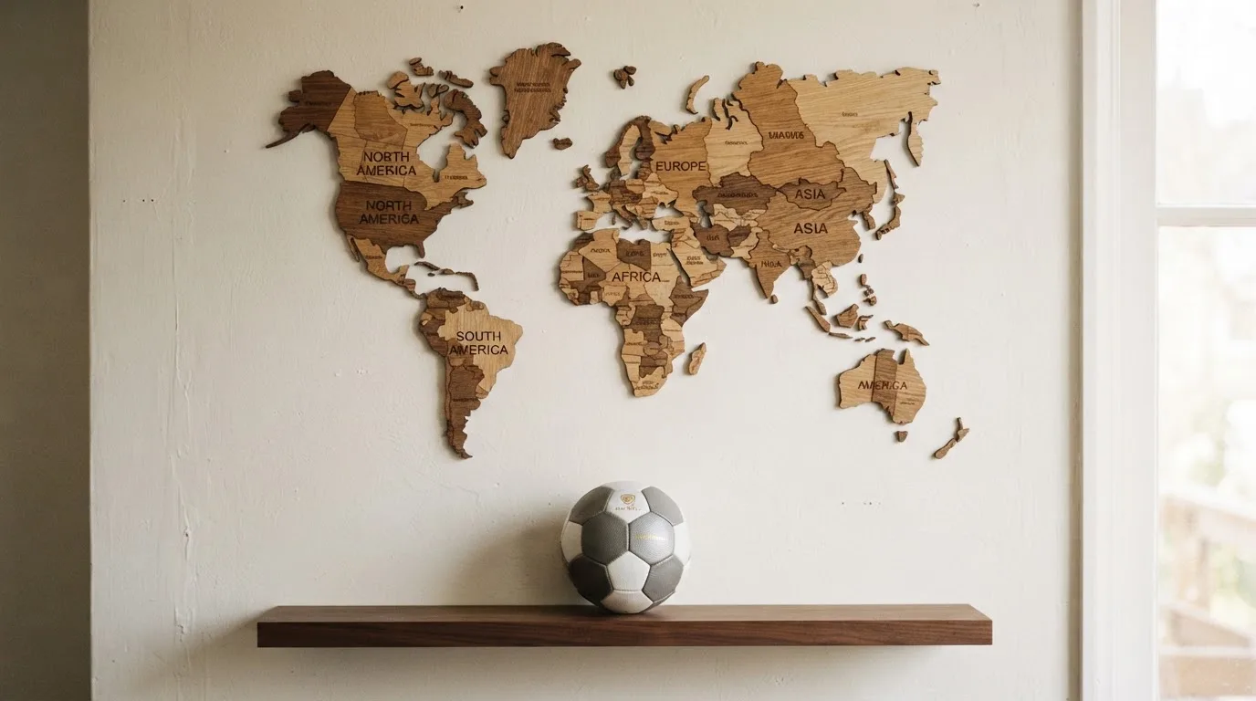 Eine Weltkarte aus Holz hängt an einer Wand, davor liegt ein Fußball auf einem Regal, ohne erkennbare Beschriftung.
