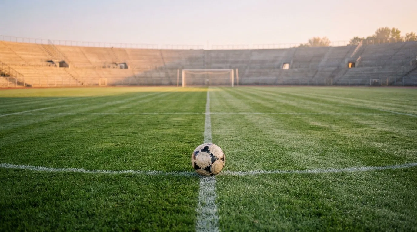 Ein Fußball liegt auf dem Anstoßpunkt eines leeren Rasenplatzes im frühen Morgenlicht, dahinter eine leere Tribüne.