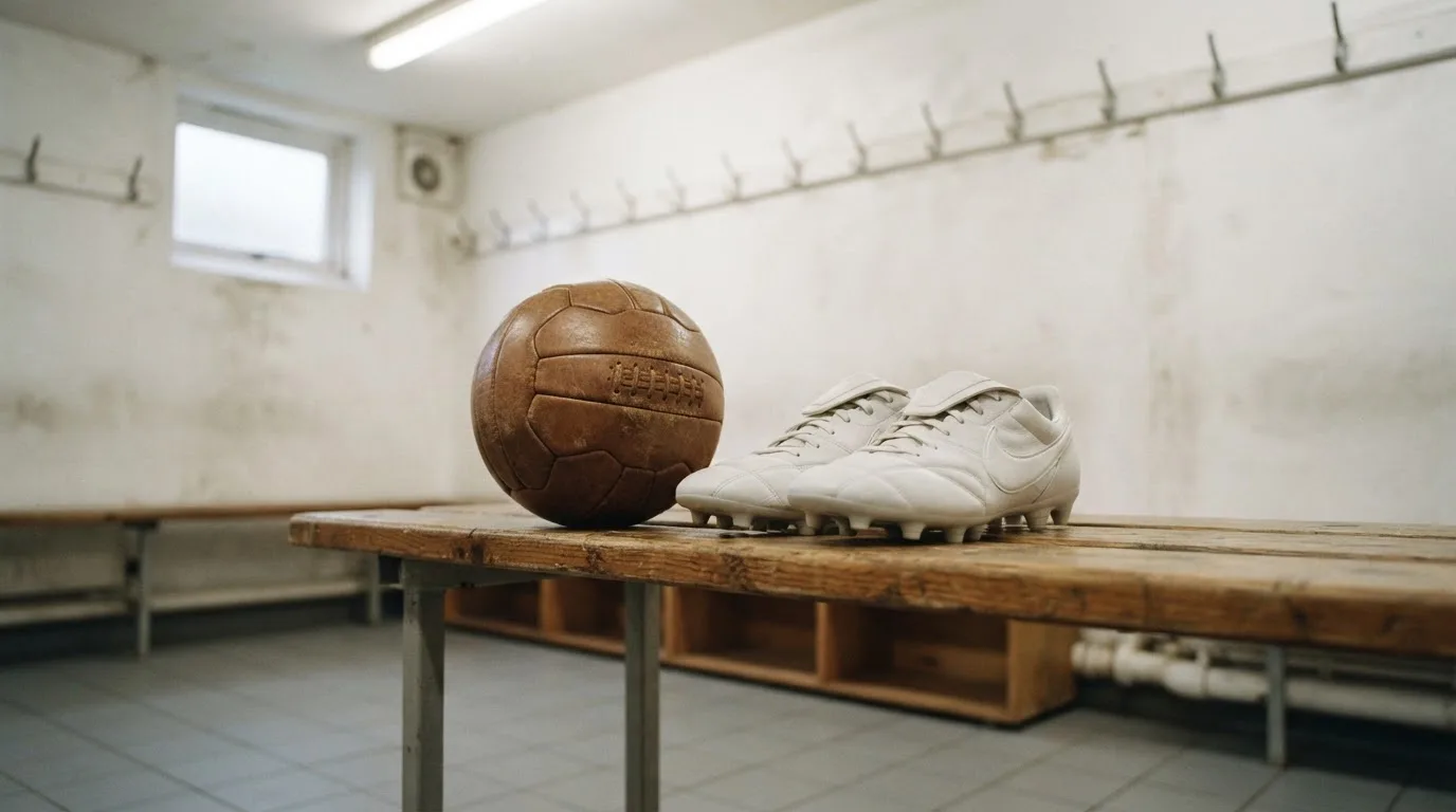 Ein Fußball liegt auf einer Holzbank in einer leeren Umkleide neben einem Paar Fußballschuhen ohne Markenzeichen.