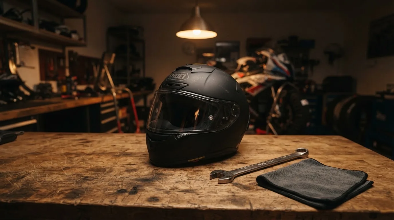 Ein schwarzer Motorradhelm ohne Aufdruck liegt auf einer Werkbank neben einem Schraubenschlüssel, warmes Licht einer Werkstatt.
