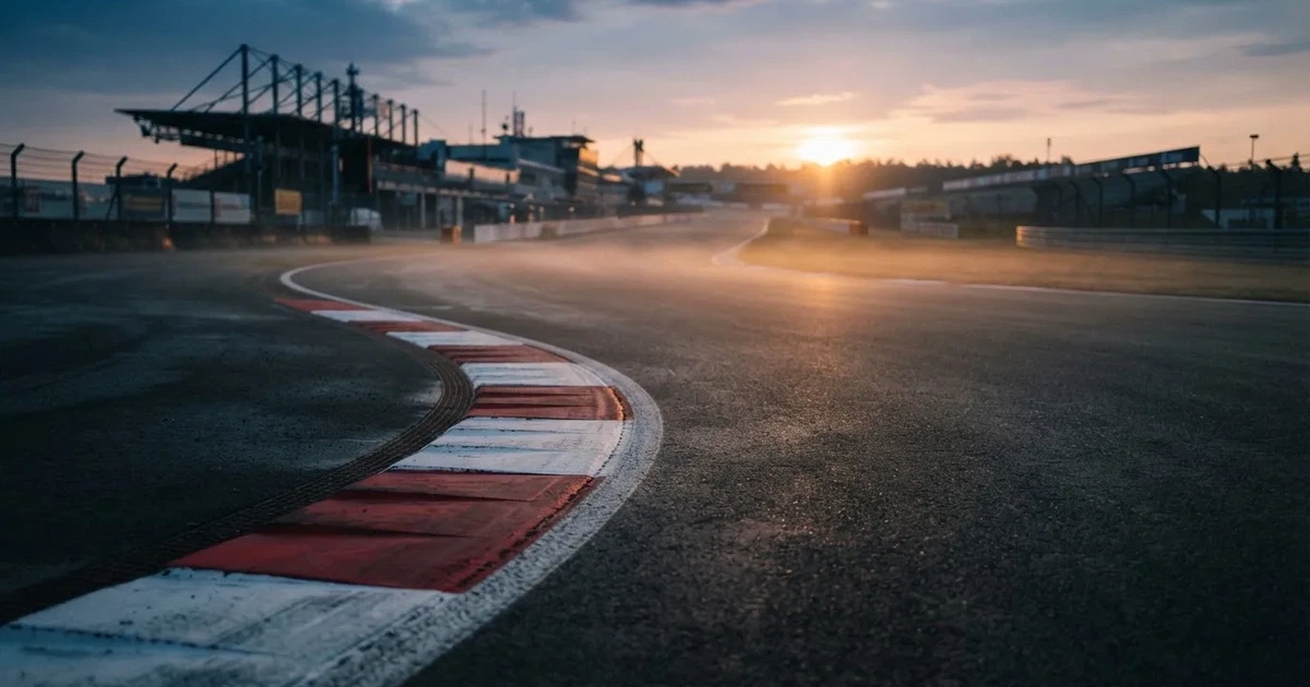 Eine leere Rennstrecke mit rot-weißen Randsteinen im frühen Morgenlicht, auf dem Asphalt liegt dünner Nebel, keine Fahrzeuge.