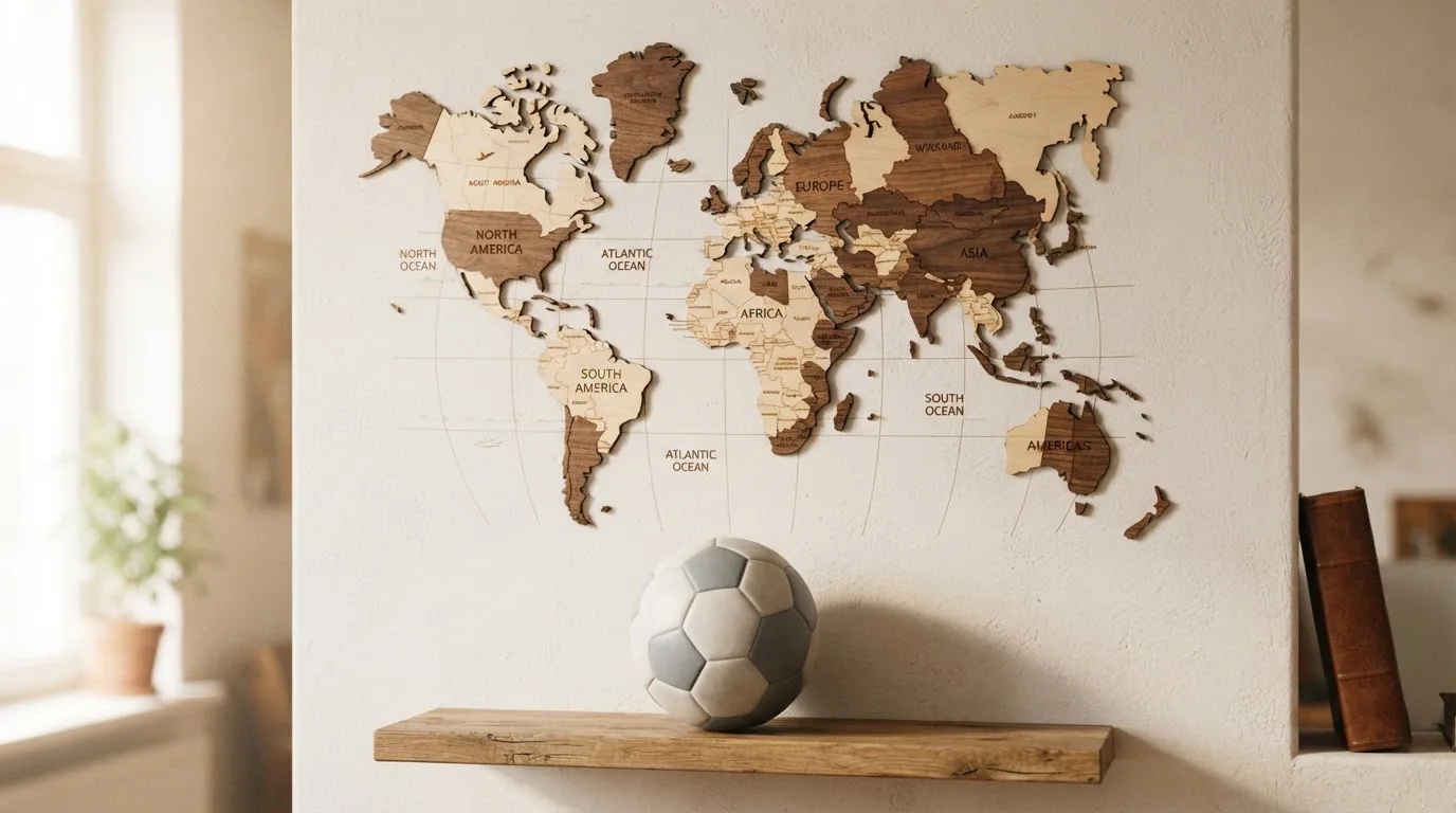 Eine Weltkarte aus Holz hängt an einer Wand, davor liegt ein Fußball auf einem Regal, ohne erkennbare Beschriftung.