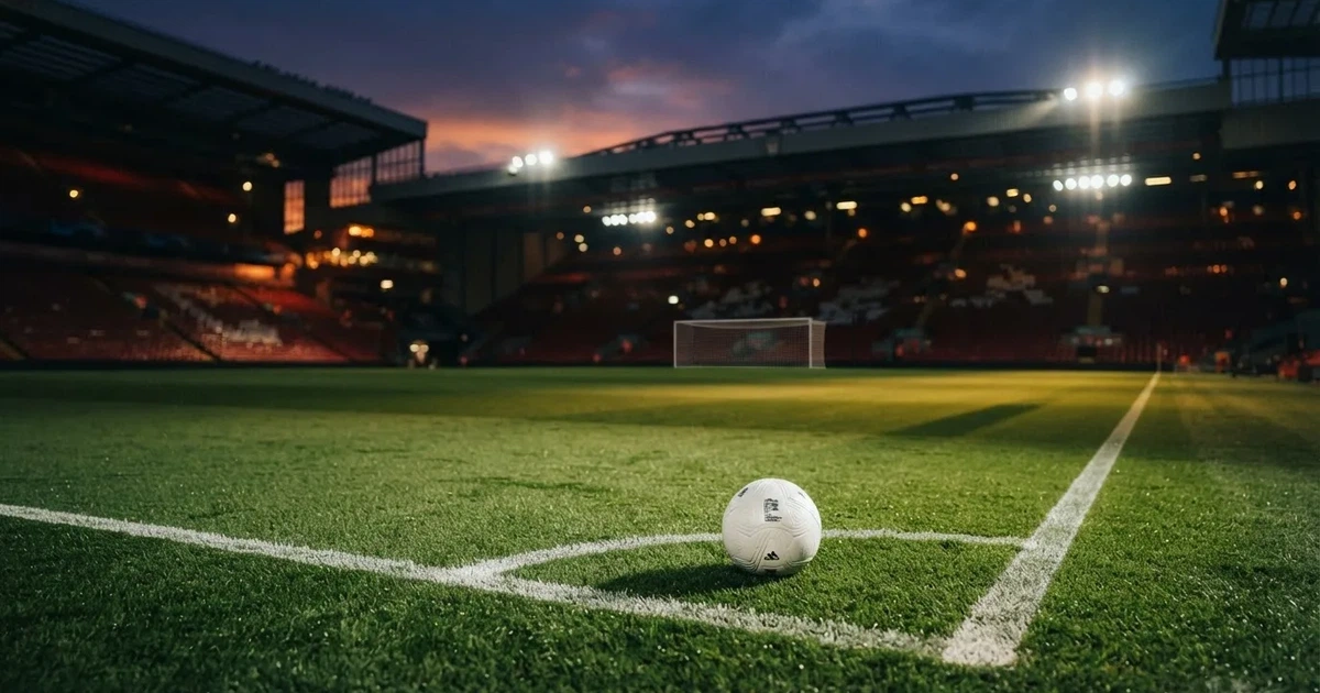 Ein Fußballplatz mit frisch gemähtem Rasen im Abendlicht, ein Ball liegt im Strafraum, im Hintergrund unscharf eine leere Tribüne.