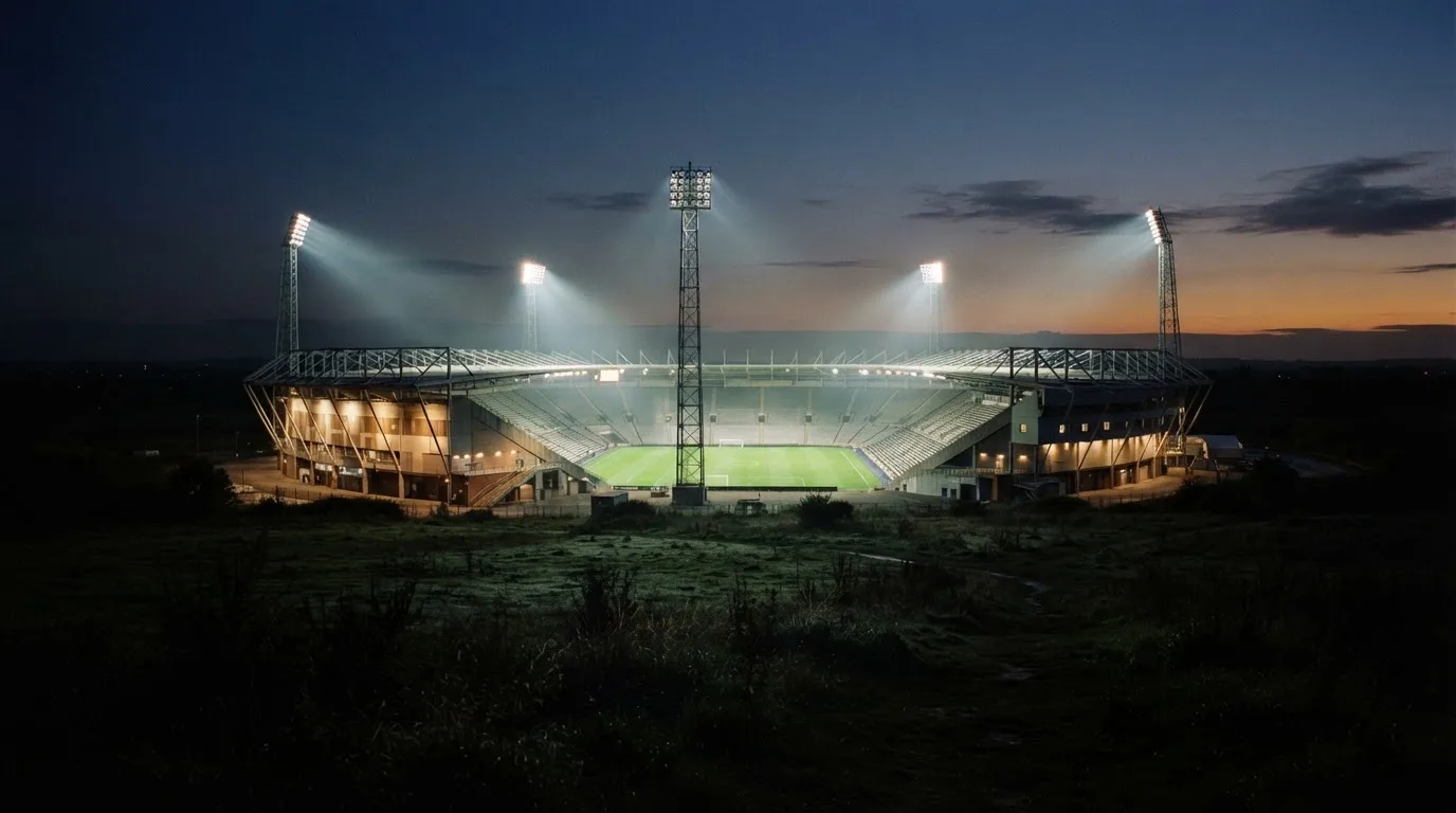 Ein großes Stadion unter Flutlicht, aus der Ferne über eine dunkle Wiese gesehen, die Lichtmasten spiegeln sich im Dunst der Abenddämmerung.