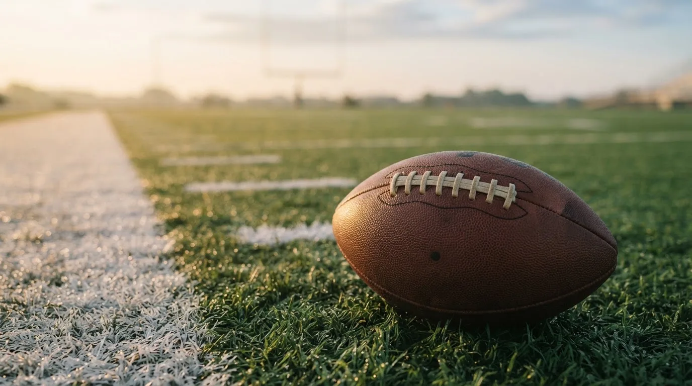 Ein ovaler Lederball mit heller Schnürung liegt auf dem Rasen vor der Endzone, Tau auf dem Gras im ersten Morgenlicht.