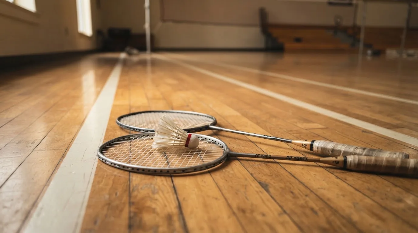 Zwei Badmintonschläger und ein Federball liegen auf einem Holzboden neben der Seitenlinie, weiches Licht fällt von der Seite ein.