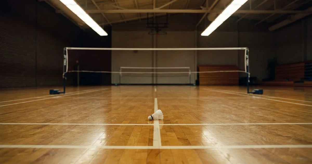 Eine leere Badmintonhalle mit gespanntem Netz und hellen Hallenlichtern, ein Federball liegt auf dem Hallenboden.