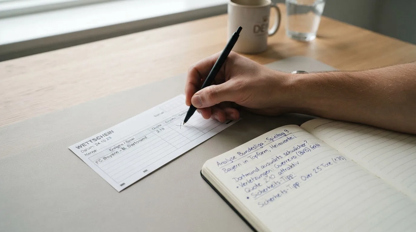 Ein leerer Papierwettschein und ein Kugelschreiber auf einer glatten Schreibtischplatte, daneben ein aufgeschlagenes Notizbuch mit handschriftlichen Notizen.