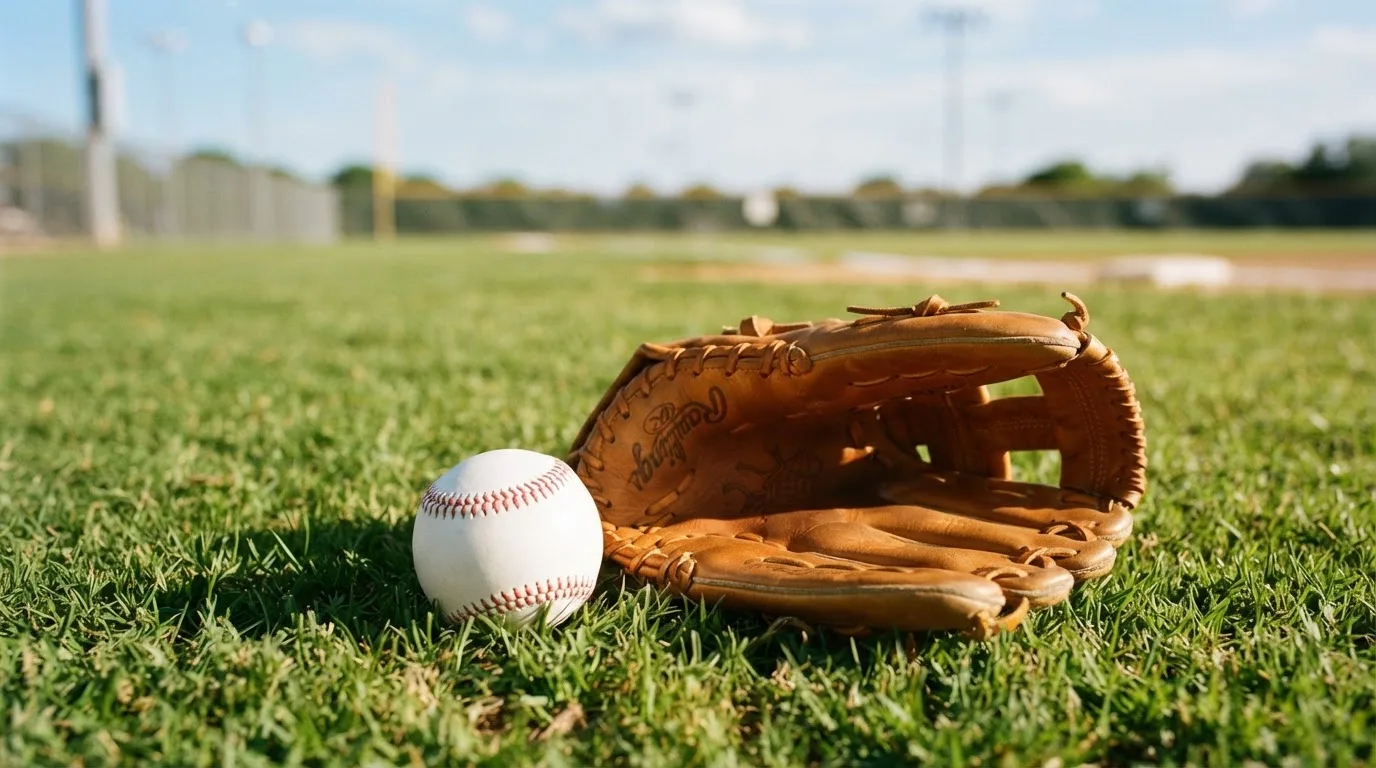 Ein weißer Baseball und ein Lederhandschuh liegen auf kurz geschnittenem Gras, im Hintergrund eine verschwommene Spielfeldbande.