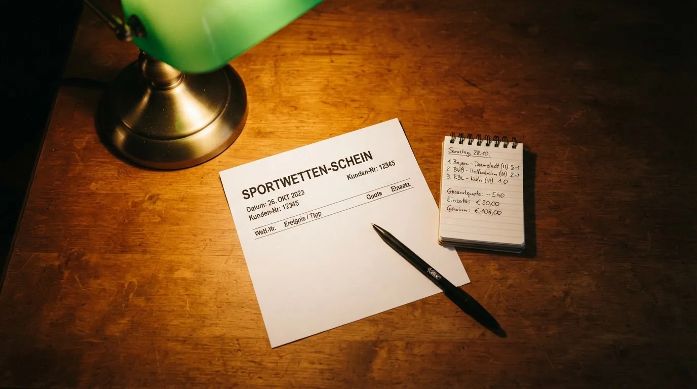 Ein leerer Papierwettschein, ein Kugelschreiber und ein Taschenrechner liegen auf einem Holztisch, warmes Licht einer Schreibtischlampe.