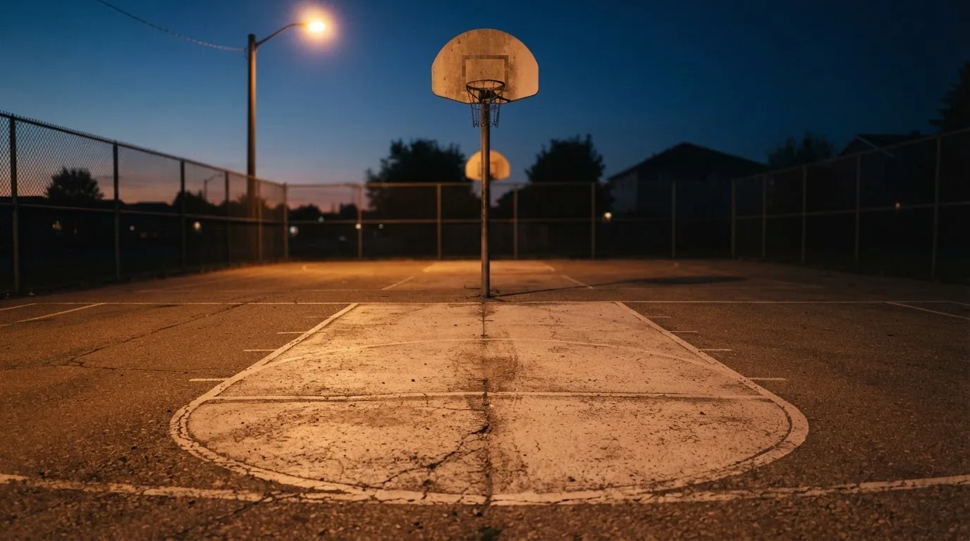 Ein Freiluft-Basketballplatz am Abend mit Asphalt, Linien und zwei Körben unter einer Straßenlaterne.