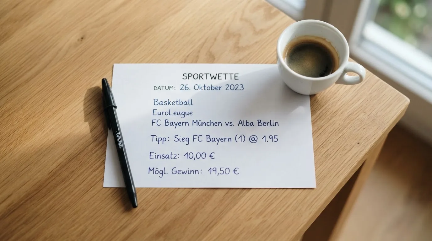 Ein leerer Wettschein aus Papier liegt neben einem Kugelschreiber und einer Tasse auf einem hellen Holztisch.