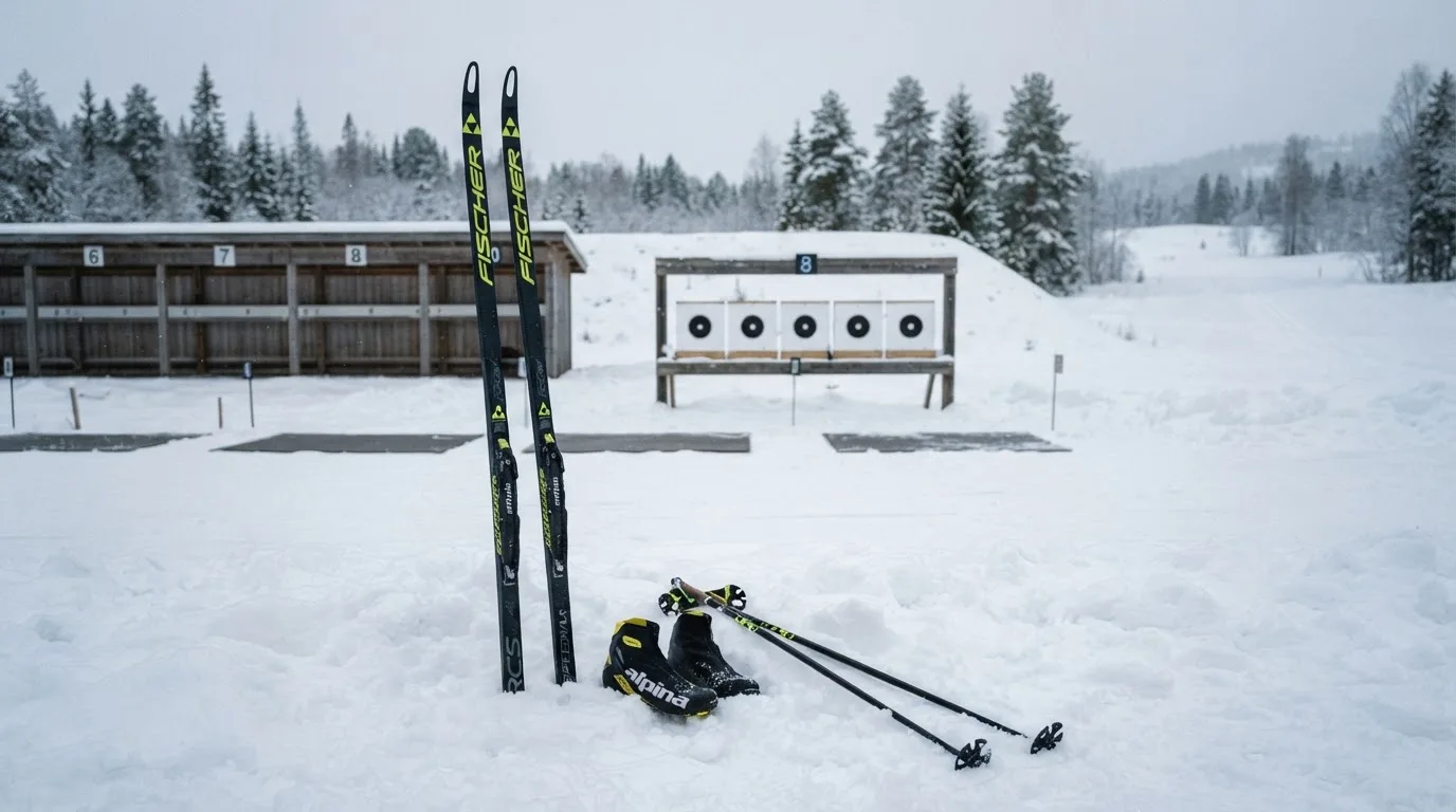 Ein Paar Langlaufskier steckt aufrecht im Schnee neben einem leeren Schießstand mit runden Zielscheiben, kaltes Winterlicht.