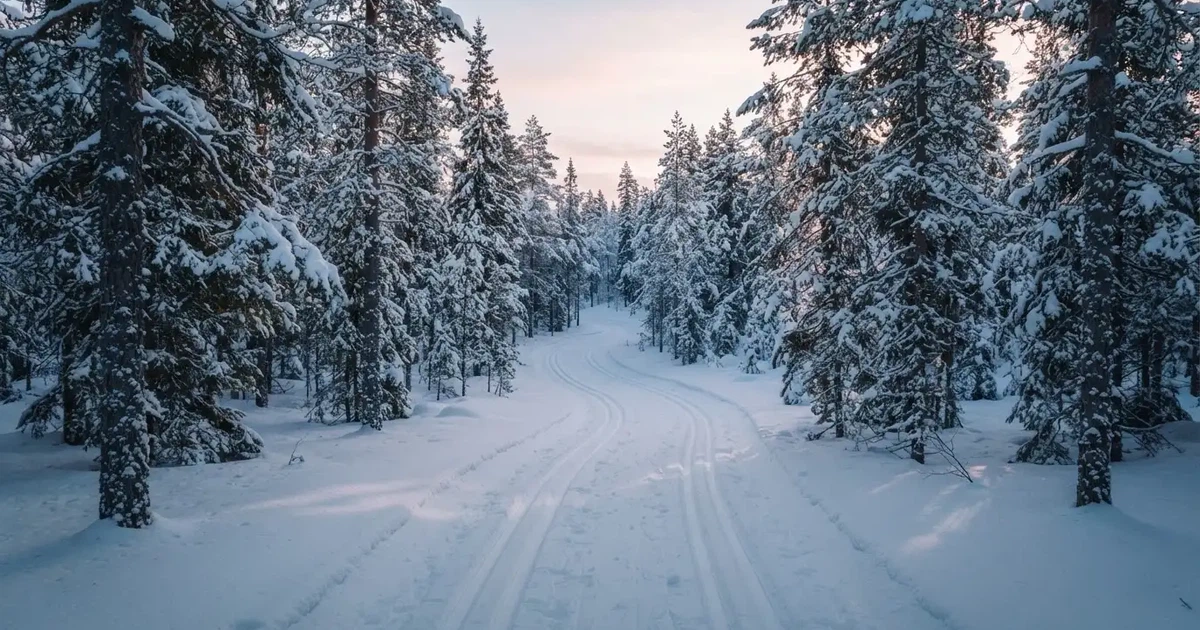 Eine verschneite Loipe zwischen Fichten im Morgenlicht, frische Spuren im Schnee, kein Mensch zu sehen.