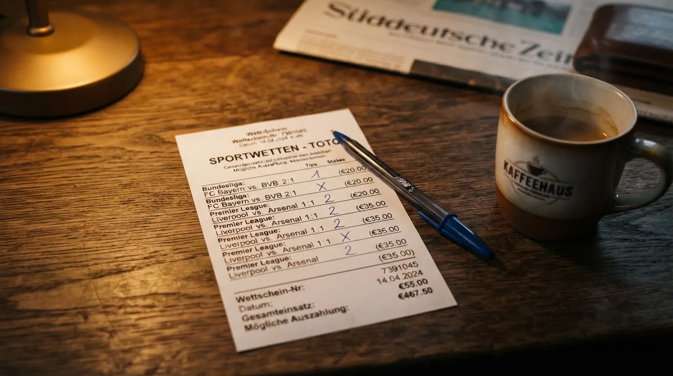 Ein leerer Papierwettschein und ein Kugelschreiber liegen auf einem Holztisch neben einer Tasse, warmes Licht einer Lampe.