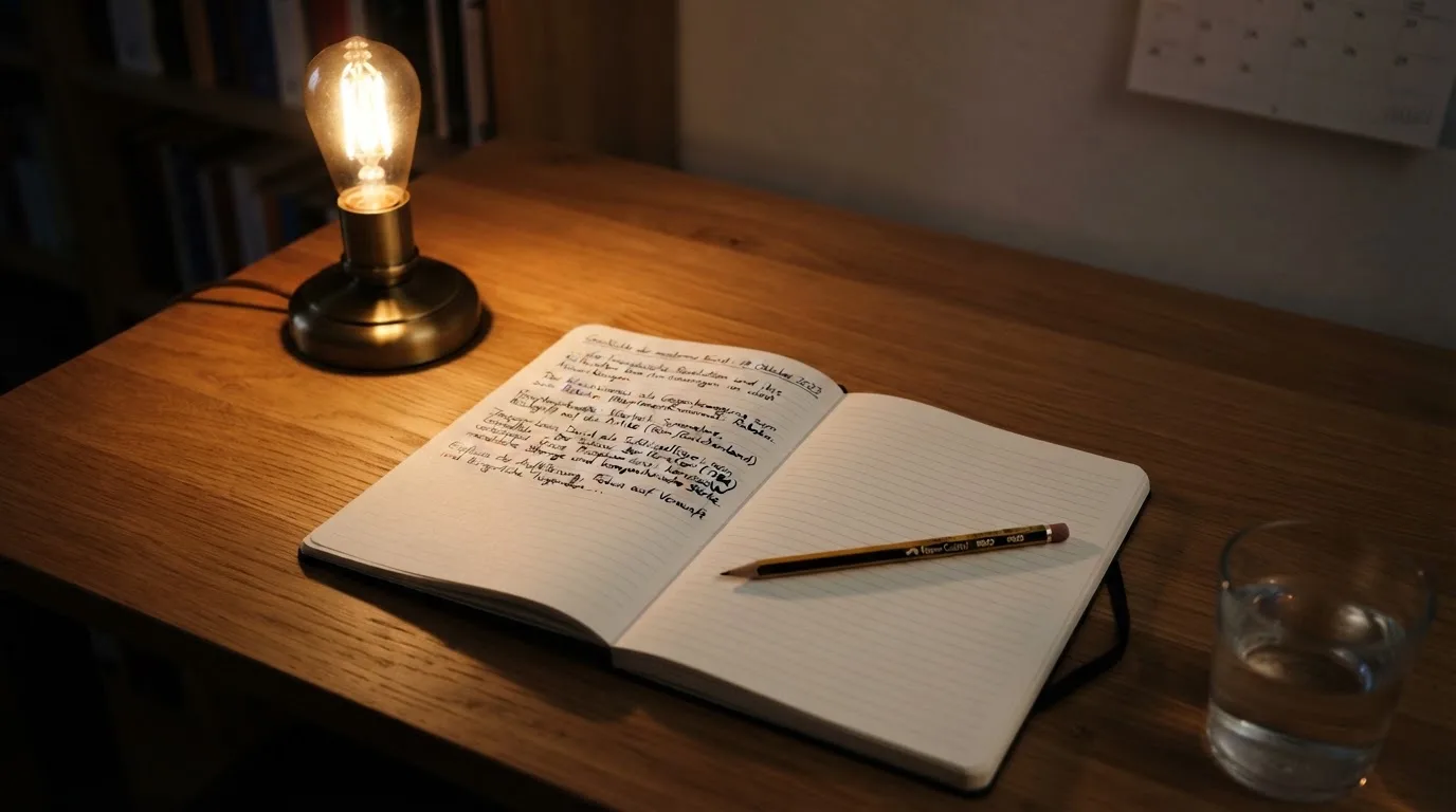 Ein Notizbuch mit handschriftlichen Notizen und ein Bleistift liegen neben einer Tischlampe auf einem Schreibtisch, ruhiges Abendlicht.