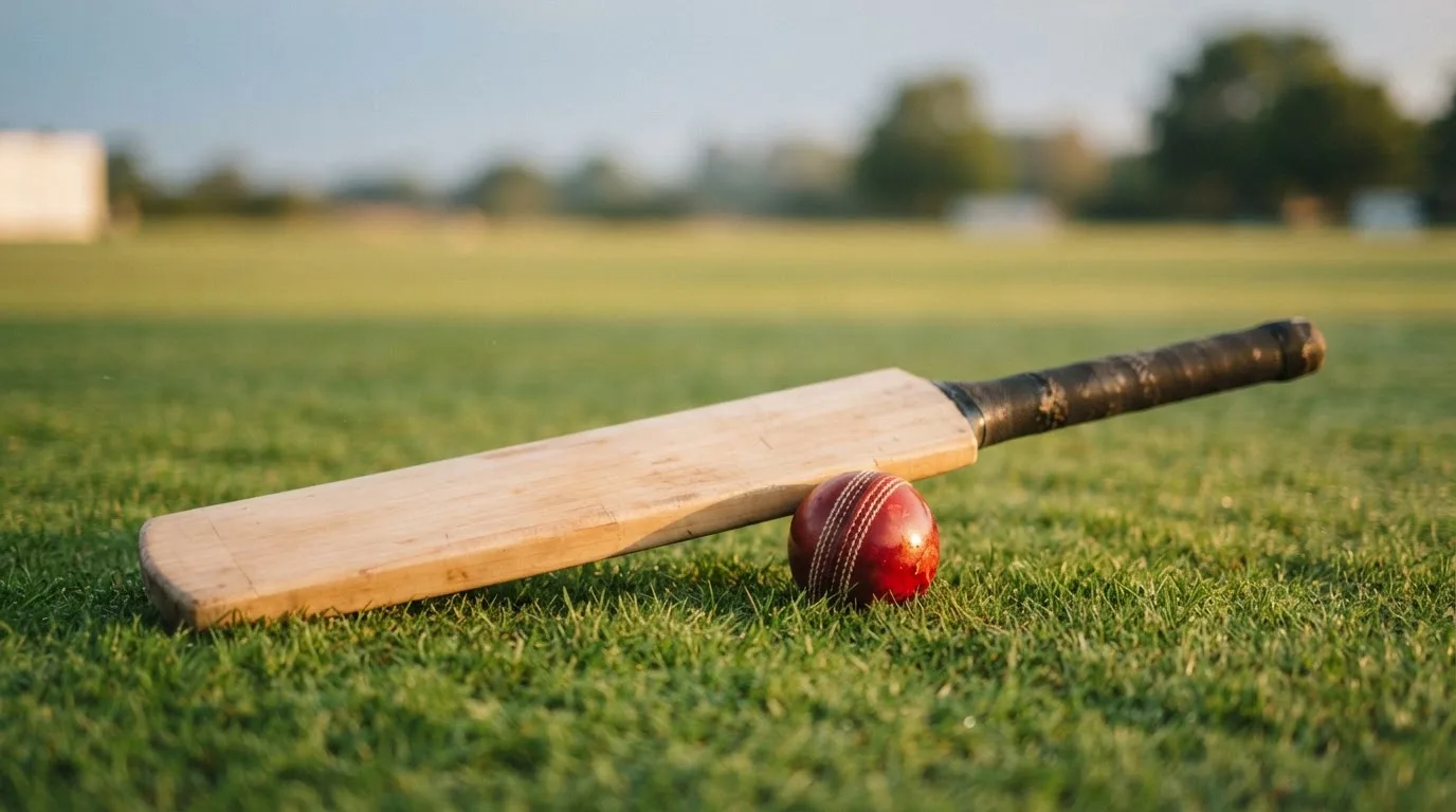 Ein Cricketschläger aus hellem Holz und ein roter Lederball liegen auf kurzem Rasen, weiches Abendlicht.