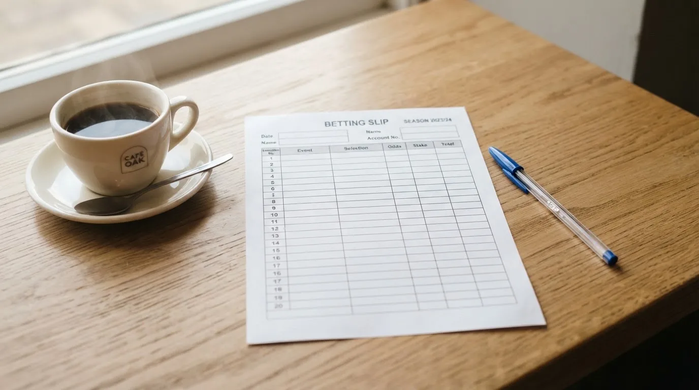 Ein leerer Wettschein aus Papier liegt neben einem Kugelschreiber und einer Tasse auf einem hellen Holztisch.