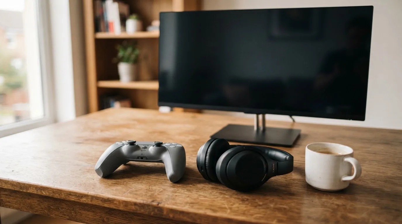 Ein Gamepad und ein Headset liegen auf einem Schreibtisch neben einer Tasse, der Bildschirm im Hintergrund ist ausgeschaltet.