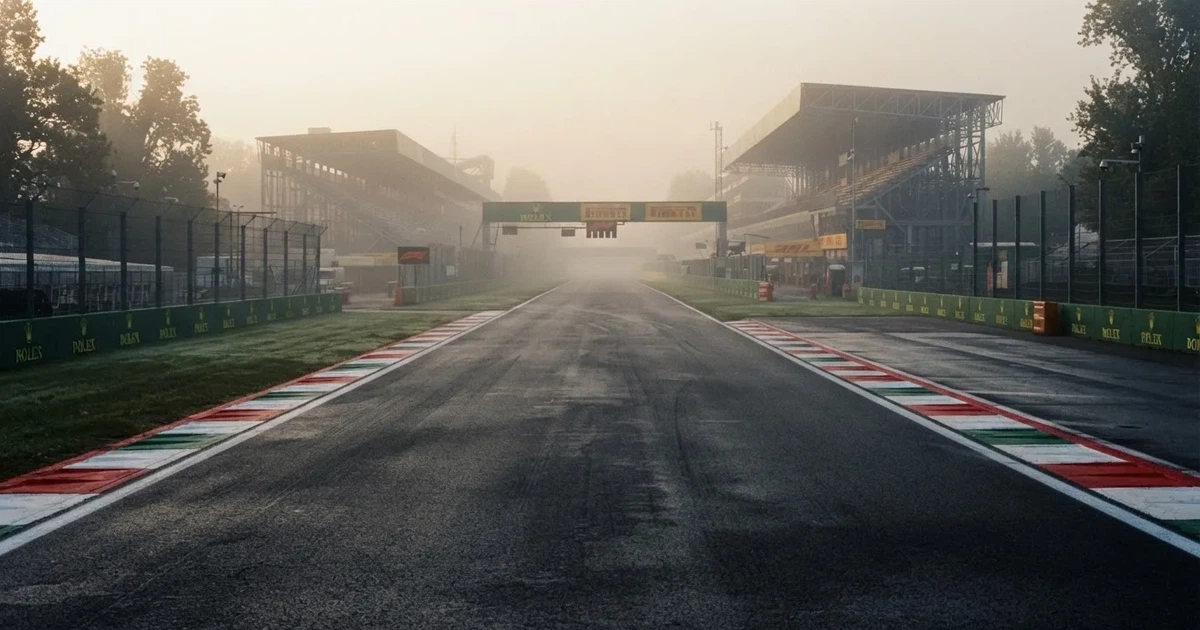Eine leere Rennstrecke im Morgennebel, Asphalt mit rot-weißen Randsteinen, im Hintergrund Tribünen in der Ferne.