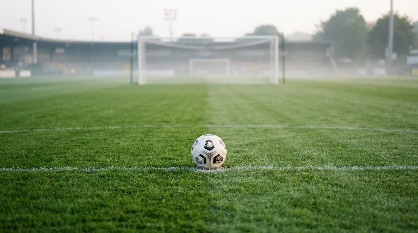 Ein Fußball liegt auf dem Elfmeterpunkt eines leeren Rasenplatzes, im Hintergrund unscharf ein Tor im Morgendunst.