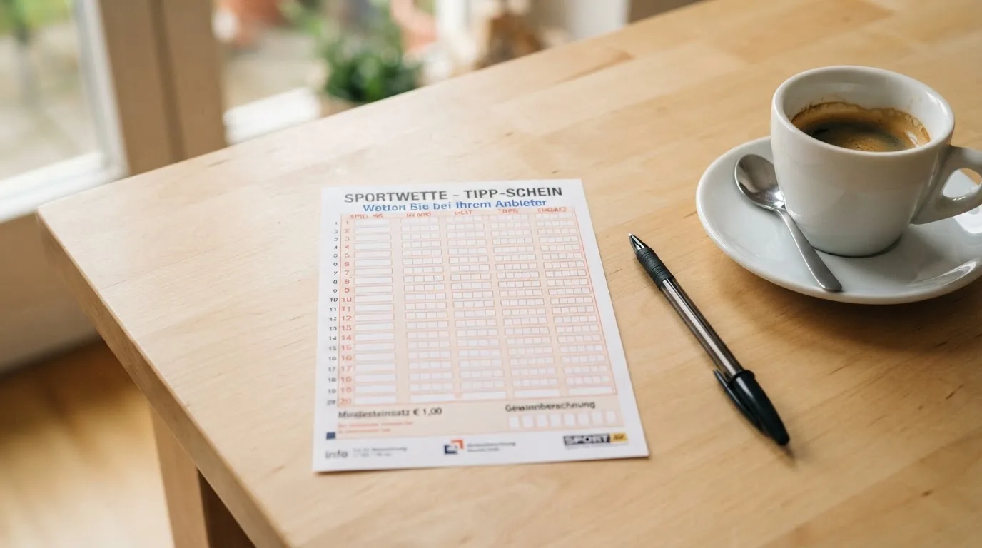 Ein leerer Wettschein aus Papier liegt neben einem Kugelschreiber und einer Tasse auf einem hellen Holztisch.