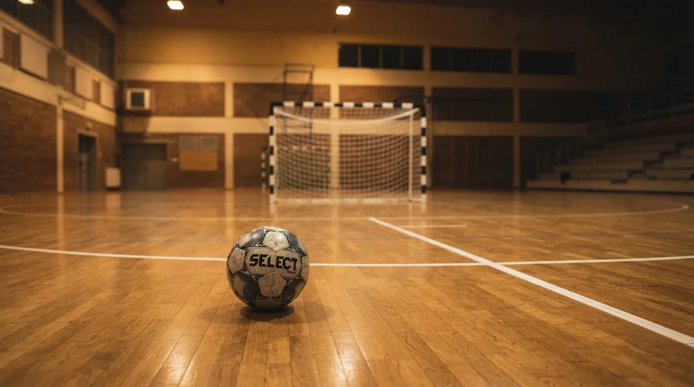 Ein kleiner schwerer Ball liegt in einer Halle auf dem Parkett vor einem Tor, warmes Licht aus den Deckenstrahlern.