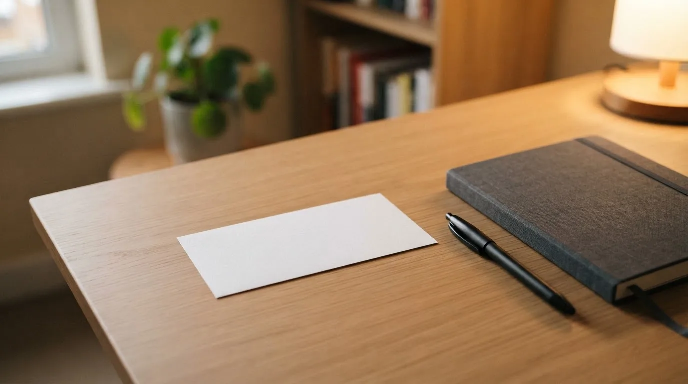 Ein leerer Papierwettschein und ein Kugelschreiber liegen auf einer glatten Schreibtischplatte neben einem Notizbuch.