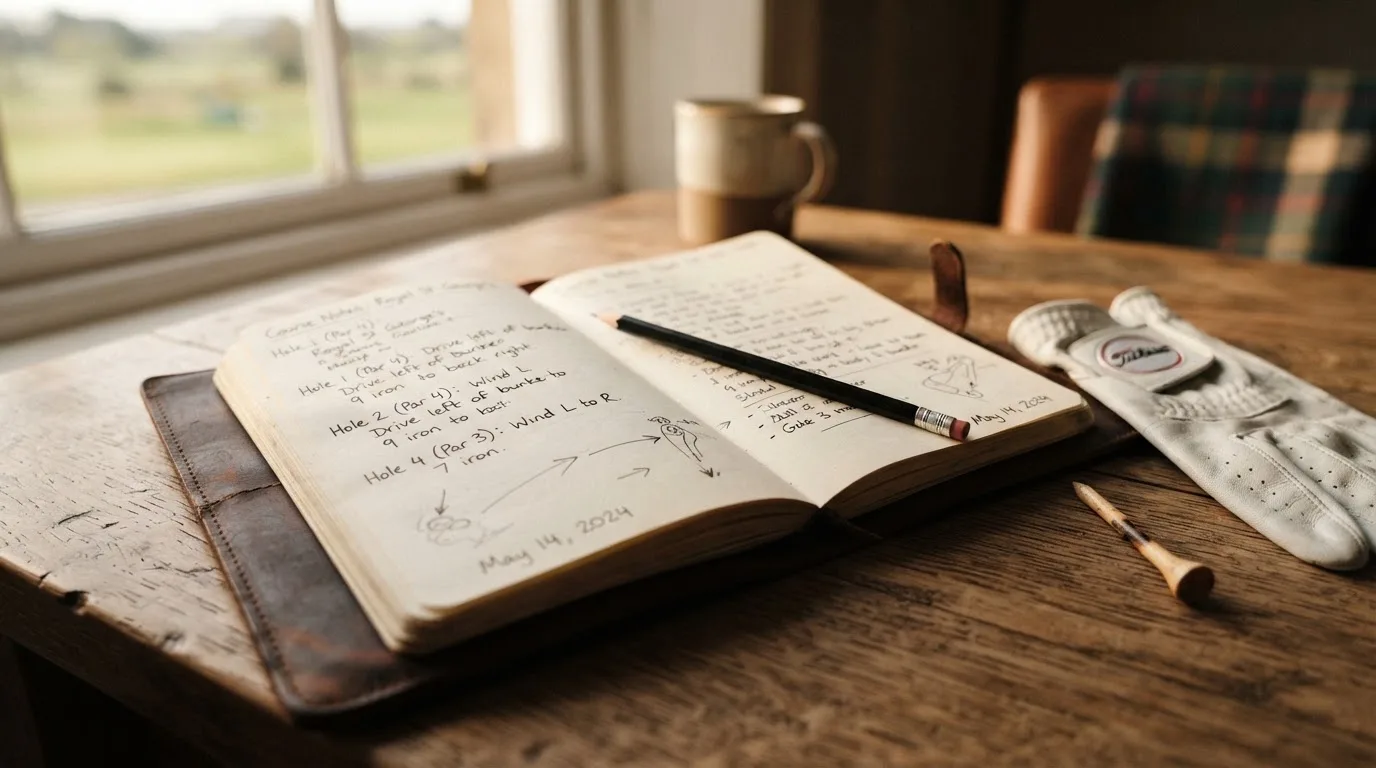Ein Notizbuch mit handschriftlichen Notizen und ein Bleistift liegen neben einem Golfhandschuh und einem Tee auf einem Holztisch.