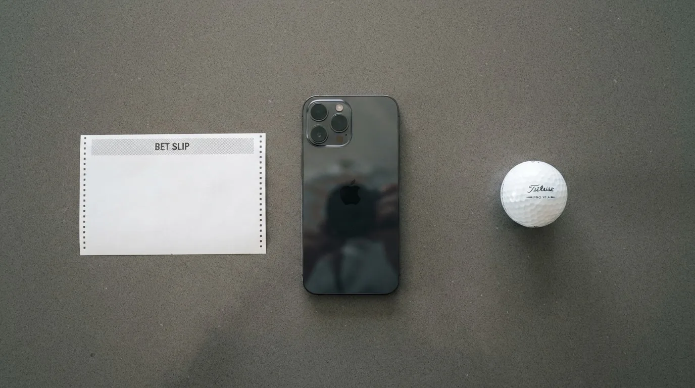 Ein leerer Wettschein aus Papier liegt neben einem Smartphone mit dunklem Display auf einem Tisch, daneben ein einzelner Golfball.